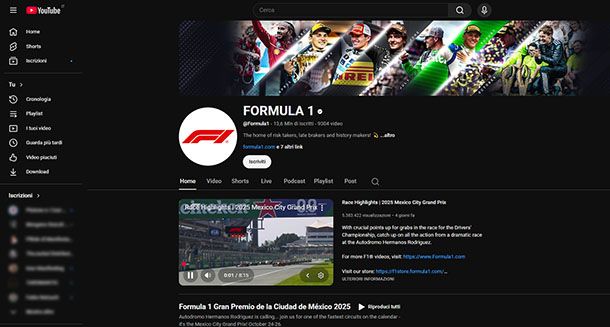 Canale Formula 1 su YouTube