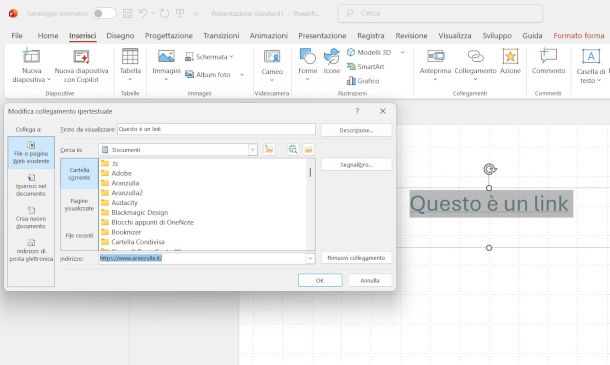 link su PowerPoint con funzione Collegamento