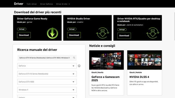 Aggiornare driver NVIDIA sito