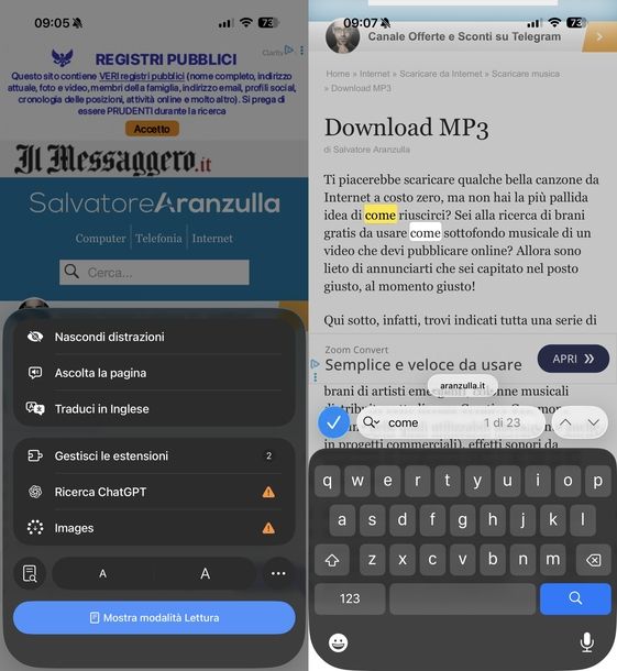 Cercare parola pagina Web Safari iOS