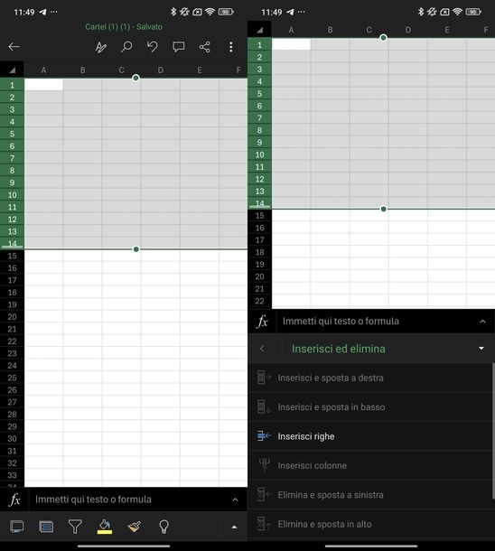 Aggiungere più righe su Excel Android