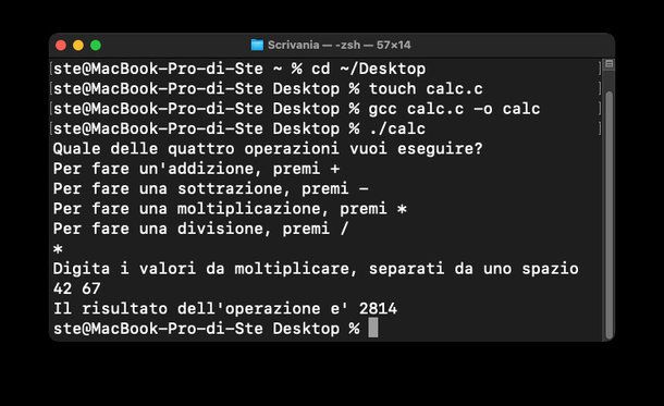 Output del programma eseguito sul terminale del Mac