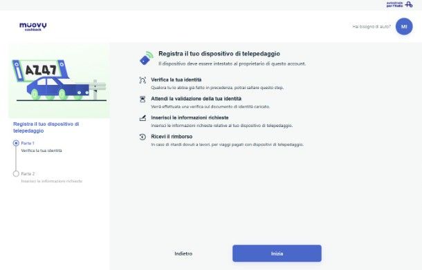 Registrazione telepedaggio per cashback