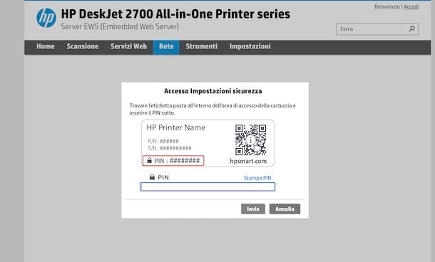 Pannello Web stampante HP