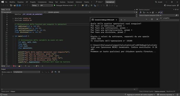 Editor di Visual Studio con terminale che mostra l'output del programma eseguito
