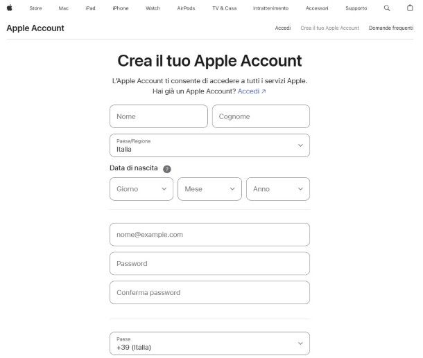 Creazione account Apple