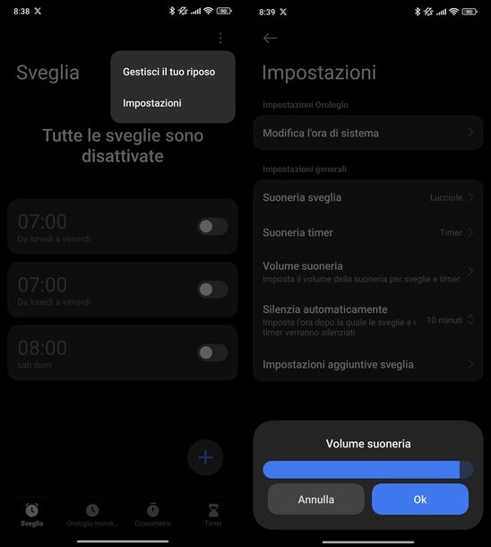 Alzare volume sveglia app Orologio Xiaomi