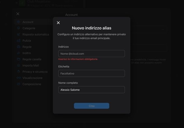 Creare nuovo indirizzo email iCloud Web