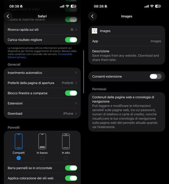 Disattivare estensioni Safari iOS