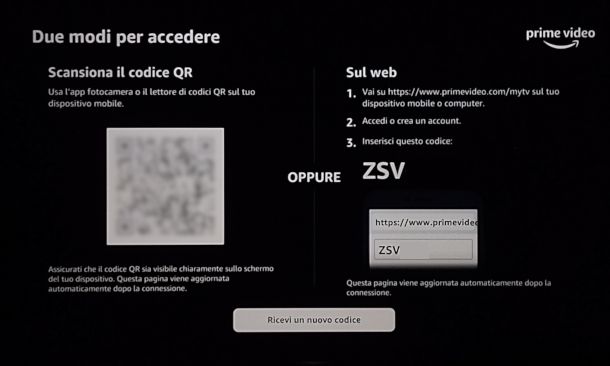 schermata app Prime Video per associazione dispositivo e account