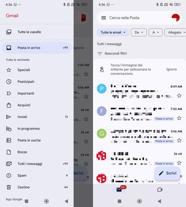Trovare email archiviate Gmail app