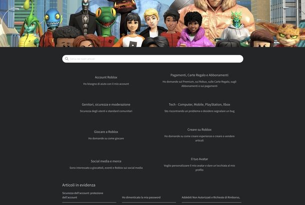 Pagina supporto Roblox