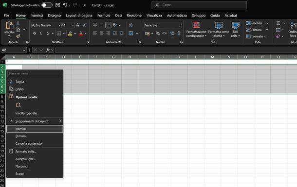 Aggiungere righe su Excel tastiera Windows