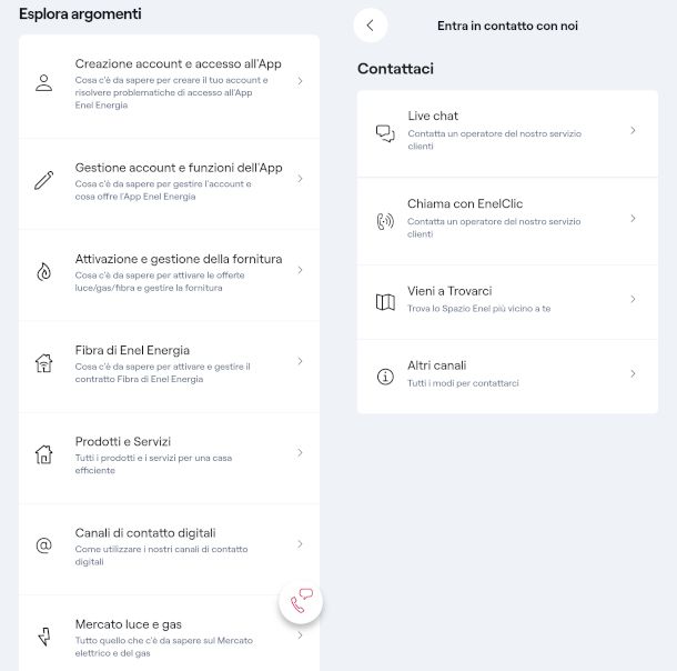 schermate app Enel sezione supporto clienti