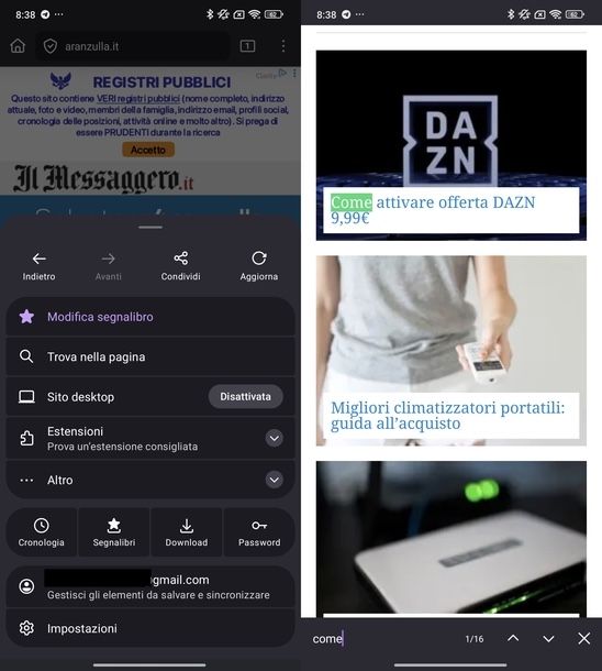 Cercare parola pagina Web Mozilla Firefox Android