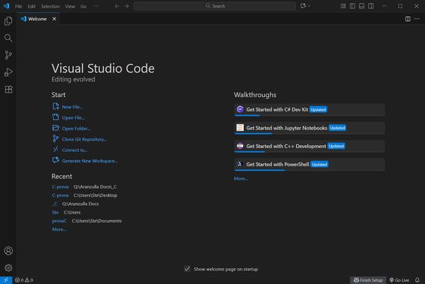 Schermata iniziale di Visual Studio Code