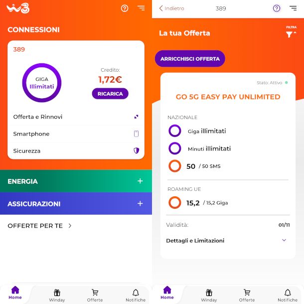 schermate app WINDTRE