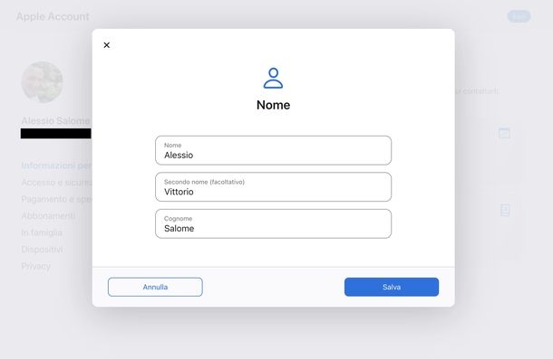 Modificare nome associato iCloud Web
