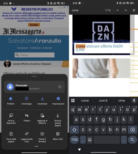 Cercare parola pagina Web Microsoft Edge Android