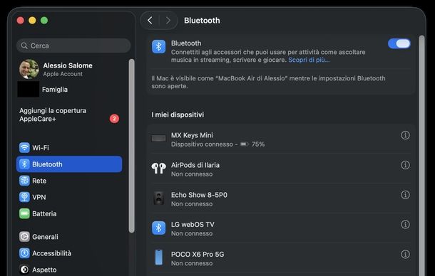 Impostazioni Bluetooth macOS