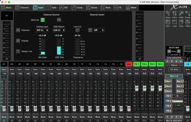 interfaccia programma X-Air Edit Behringer