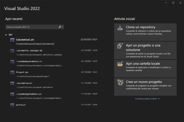 Schermata iniziale di Visual Studio Community 2022