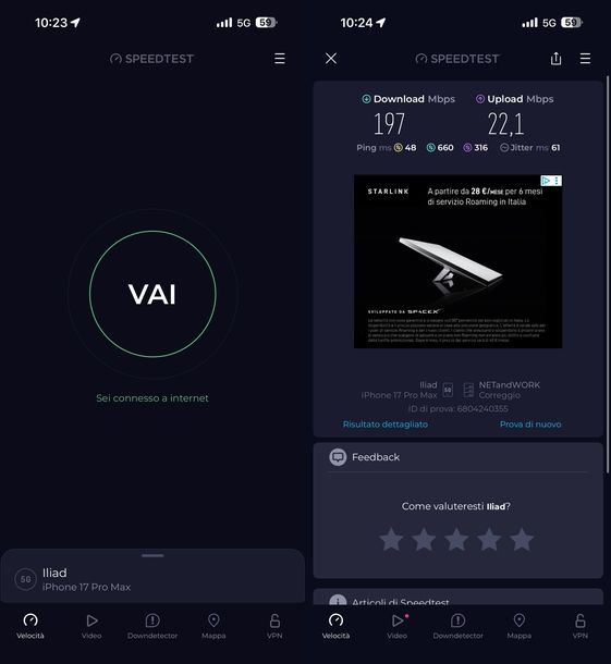 Testare velocità connessione iOS