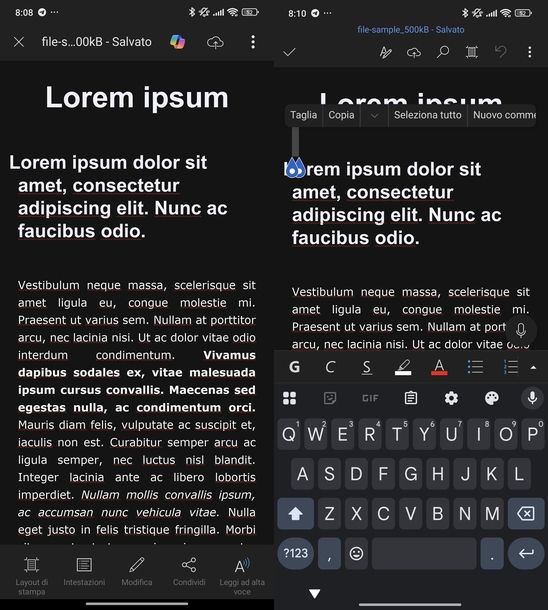 Selezionare tutto su Word Android