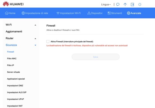 Disattivare firewall modem Huawei