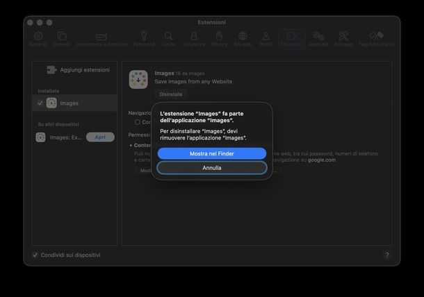 Rimuovere estensioni Safari macOS