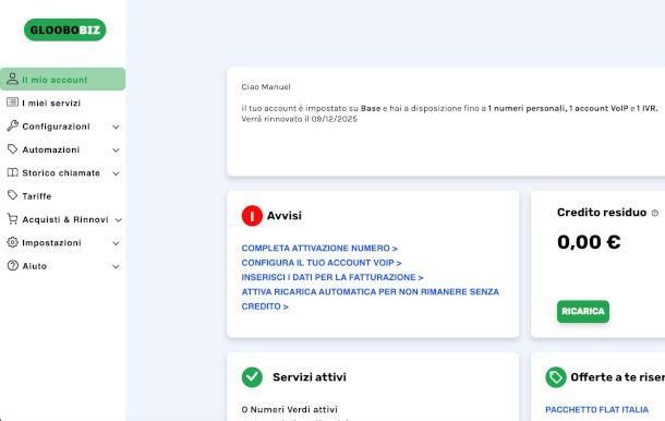 dashboard piattaforma GlooboBiz