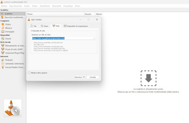 schermata VLC apertura flusso di rete