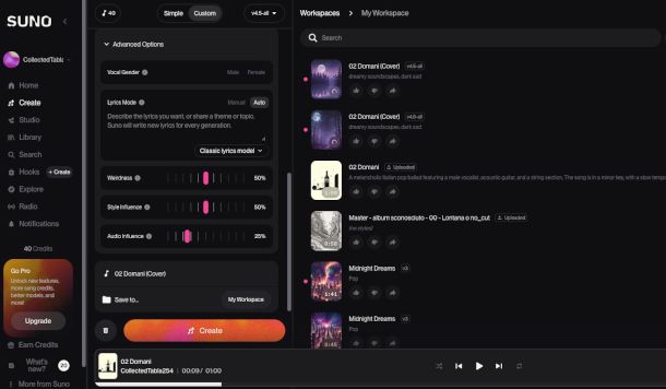 funzioni pannello Cover su Suno