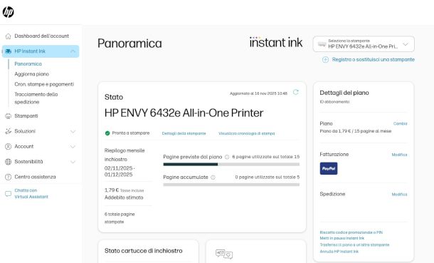 pagina gestione abbonamento HP Instant Ink