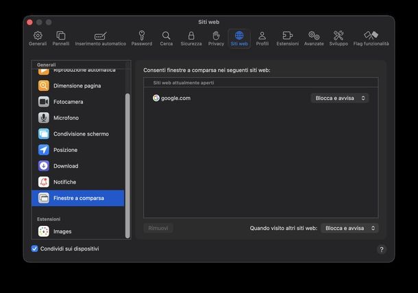Disattivare pop up Safari Mac