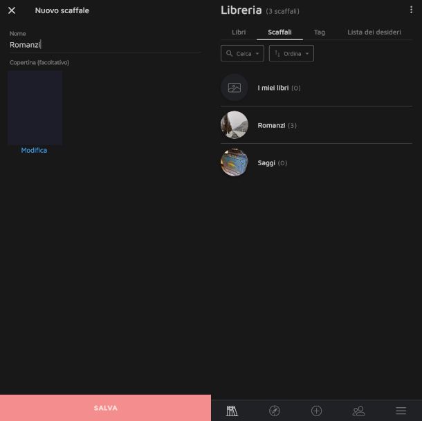 schermate gestione scaffali app Bookshelf