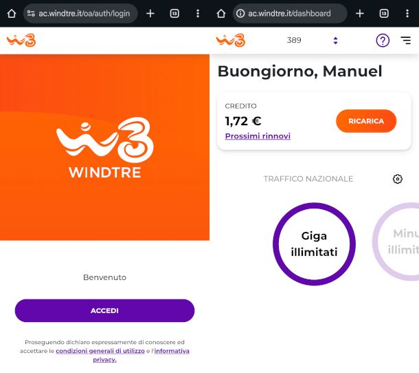 schermate sito WINDTRE per dispositivi mobili