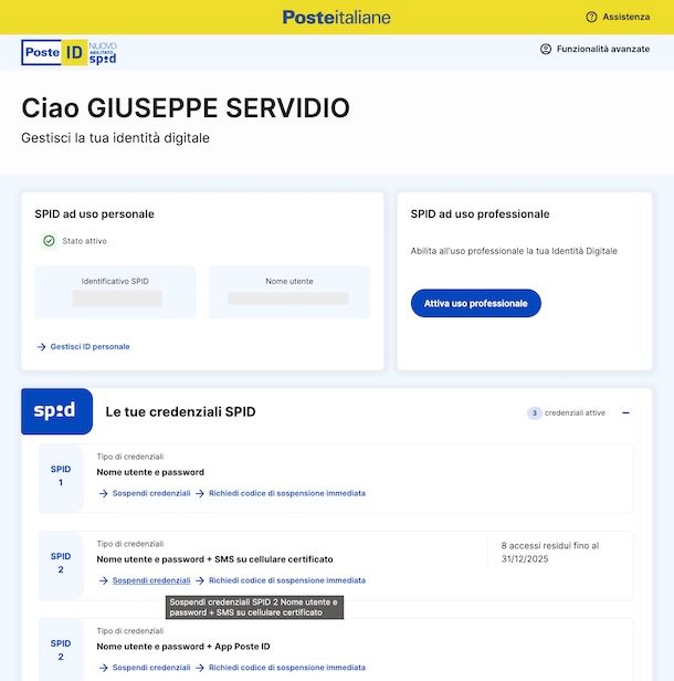 Sospendere credenziali SPID