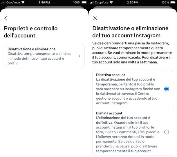 Disattivare account Instagram iPhone
