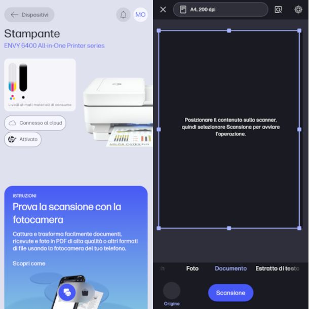 interfaccia app HP Smart per Android