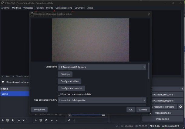 Impostazioni OBS webcam