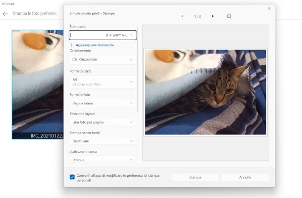 funzione Stampa per foto HP Smart