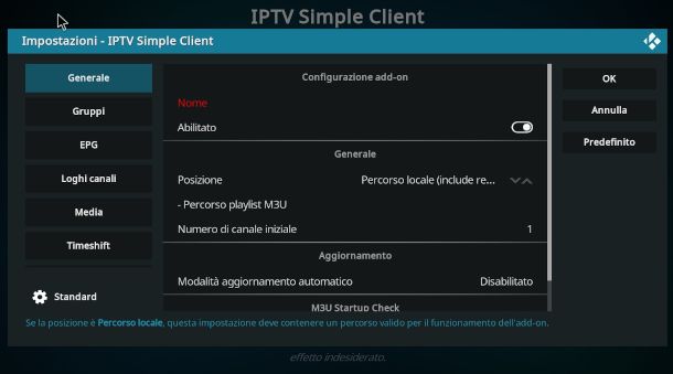 schermata configurazione client PVR su Kodi