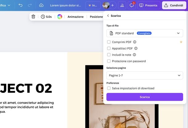 Salvare presentazione Canva in PDF