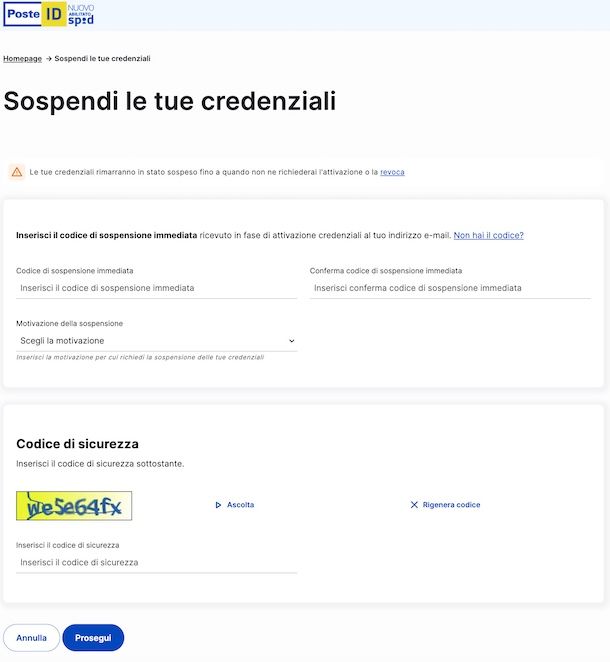 Sospendere credenziali SPID
