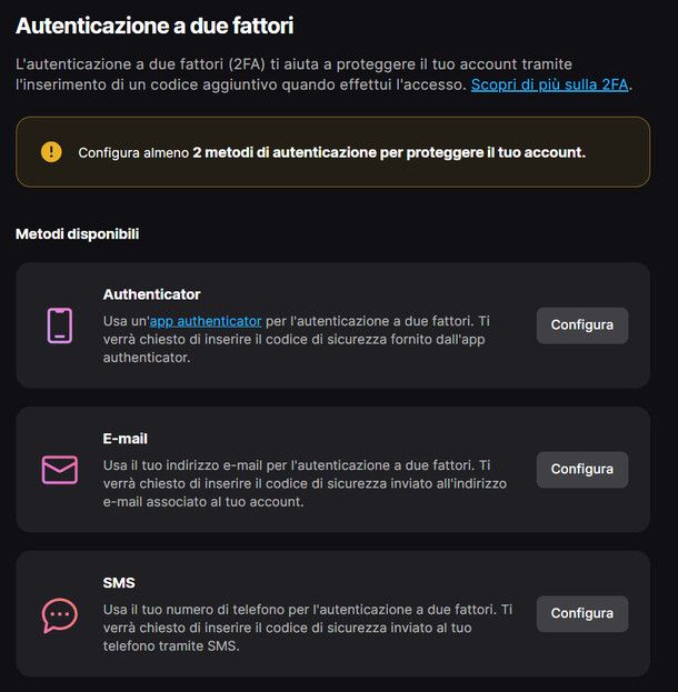 Metodi disponibili per la 2FA su Epic Games