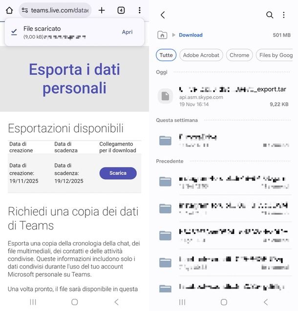 Dati esportati Teams