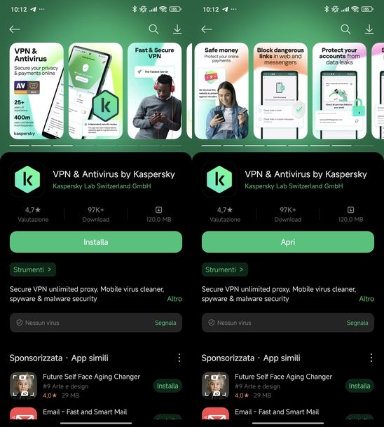 Installare app Kaspersky Android
