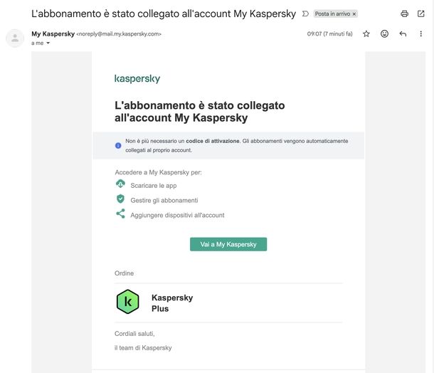 Email di conferma ordine abbonamento Kaspersky