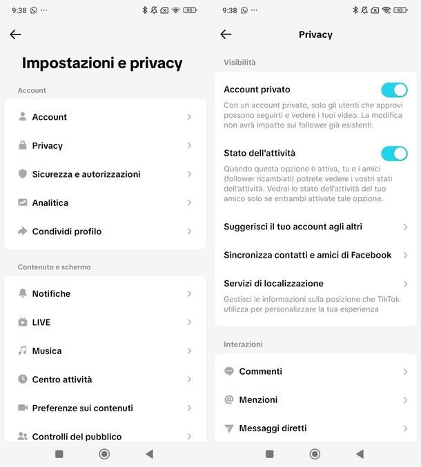 Attivare stato dell'attività TikTok